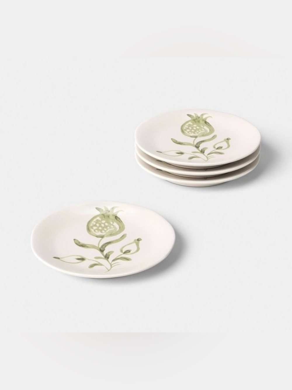 NEW: Threshold Stoneware Floral Appetizer Plates Set of 4 Green Hand Painted 6”